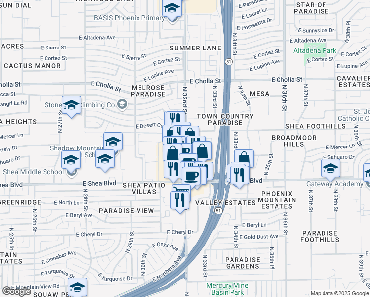 map of restaurants, bars, coffee shops, grocery stores, and more near 10815 North 32nd Street in Phoenix