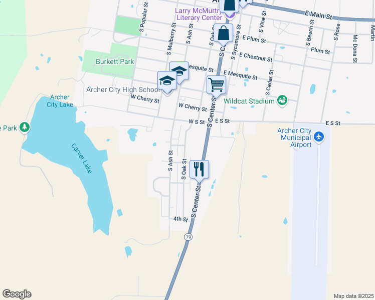 map of restaurants, bars, coffee shops, grocery stores, and more near 814 South Oak Street in Archer City