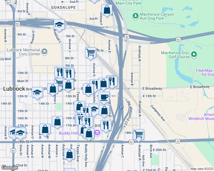 map of restaurants, bars, coffee shops, grocery stores, and more near 4 Avenue E in Lubbock