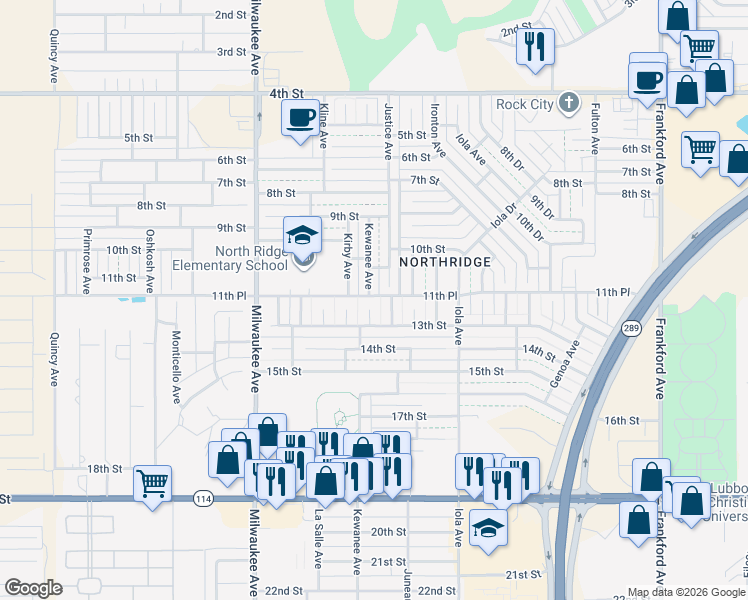 map of restaurants, bars, coffee shops, grocery stores, and more near 1101 Kewanee Avenue in Lubbock