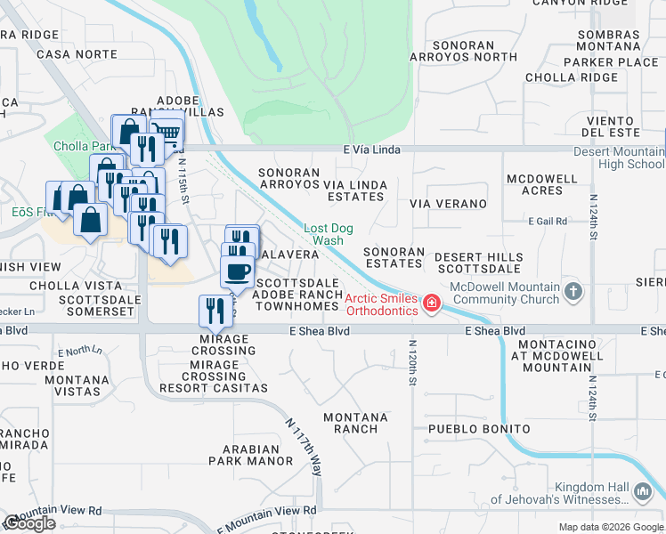 map of restaurants, bars, coffee shops, grocery stores, and more near 10865 North 117th Way in Scottsdale