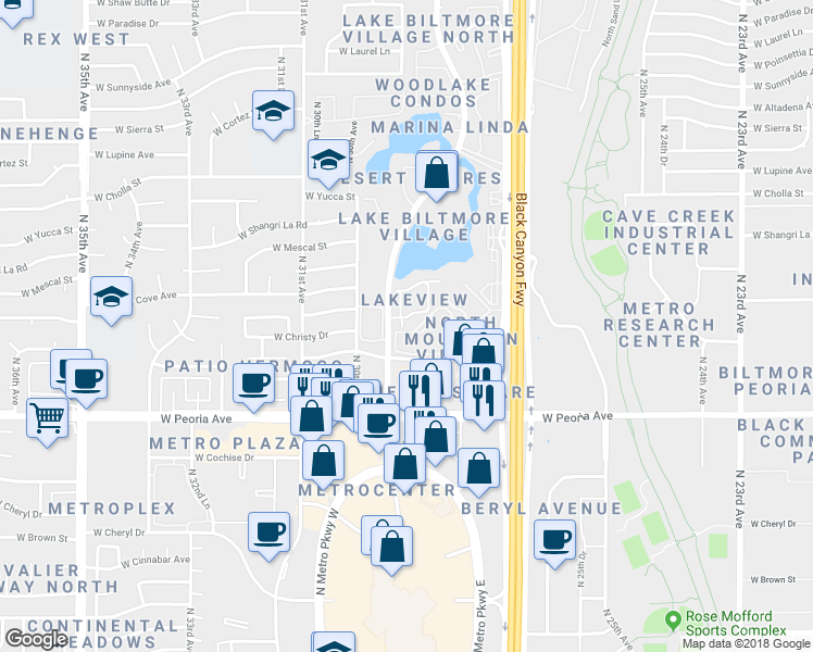 map of restaurants, bars, coffee shops, grocery stores, and more near 11027 North 28th Drive in Phoenix