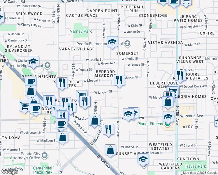 map of restaurants, bars, coffee shops, grocery stores, and more near 7921 West Desert Cove Avenue in Peoria