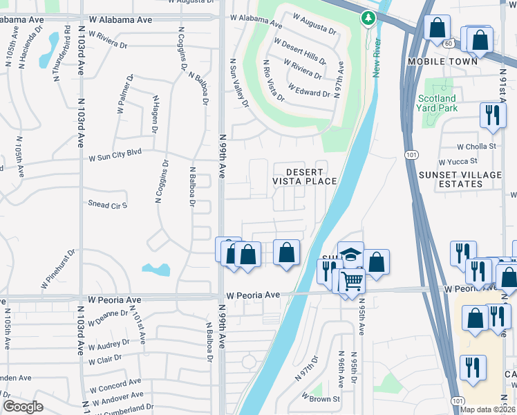 map of restaurants, bars, coffee shops, grocery stores, and more near 9847 West Desert Cove Avenue in Peoria