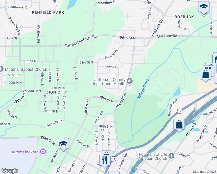 map of restaurants, bars, coffee shops, grocery stores, and more near 9036 Beverly Drive North in Birmingham