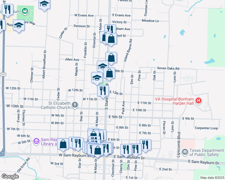 map of restaurants, bars, coffee shops, grocery stores, and more near 215 East 12th Street in Bonham