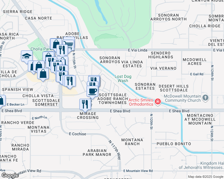 map of restaurants, bars, coffee shops, grocery stores, and more near 10860 North 117th Place in Scottsdale