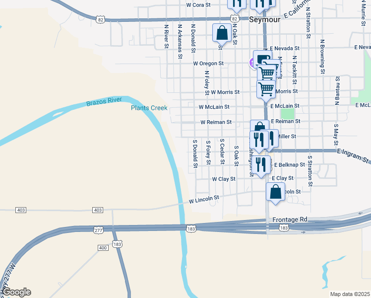 map of restaurants, bars, coffee shops, grocery stores, and more near 508 West Ingram Street in Seymour