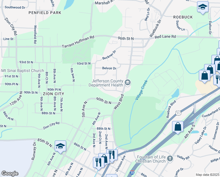 map of restaurants, bars, coffee shops, grocery stores, and more near 9036 Beverly Drive North in Birmingham