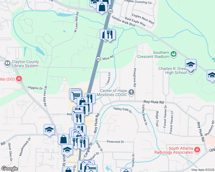 map of restaurants, bars, coffee shops, grocery stores, and more near 6226 Lance Lane in Riverdale