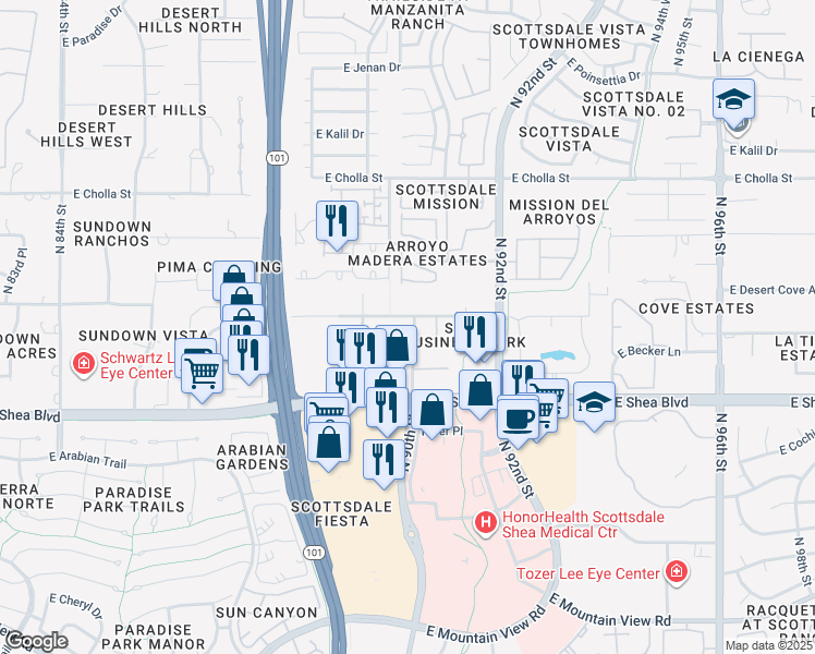map of restaurants, bars, coffee shops, grocery stores, and more near 10850 North 90th Street in Scottsdale