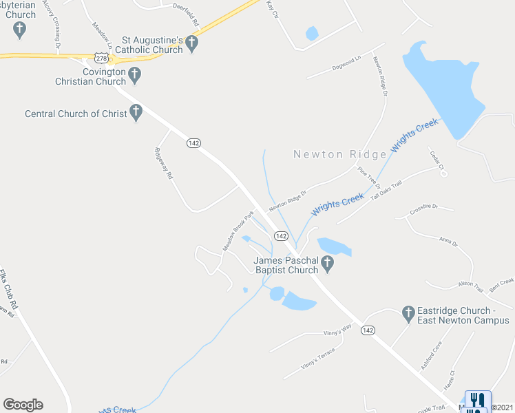 map of restaurants, bars, coffee shops, grocery stores, and more near 1500 Ridgeway Road in Covington