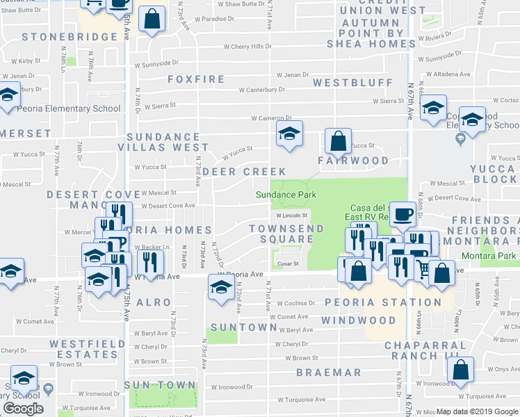 map of restaurants, bars, coffee shops, grocery stores, and more near 7115 West Desert Cove Avenue in Peoria