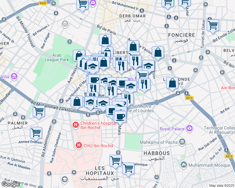 map of restaurants, bars, coffee shops, grocery stores, and more near ex Rue de Reims in Casablanca