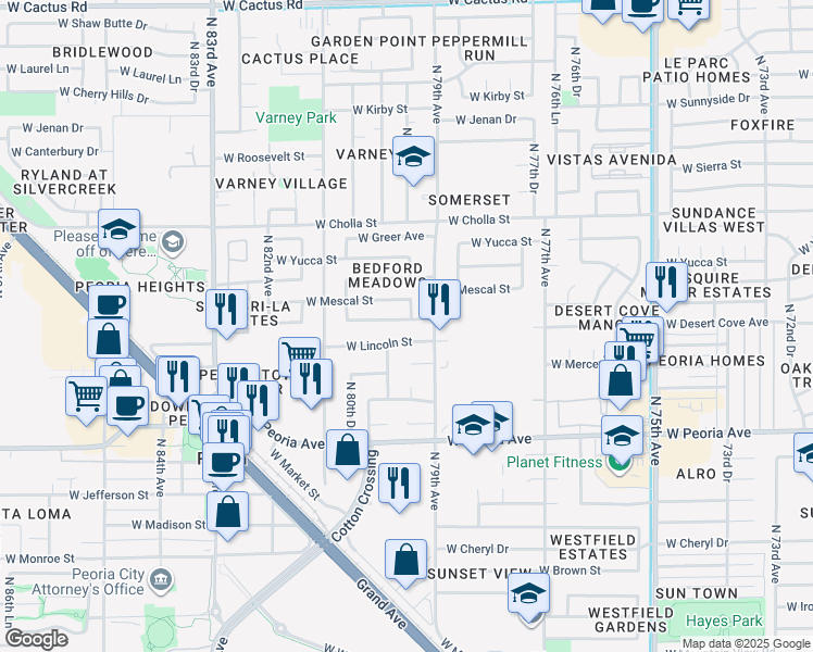 map of restaurants, bars, coffee shops, grocery stores, and more near 7921 W Desert Cove Ave in Peoria