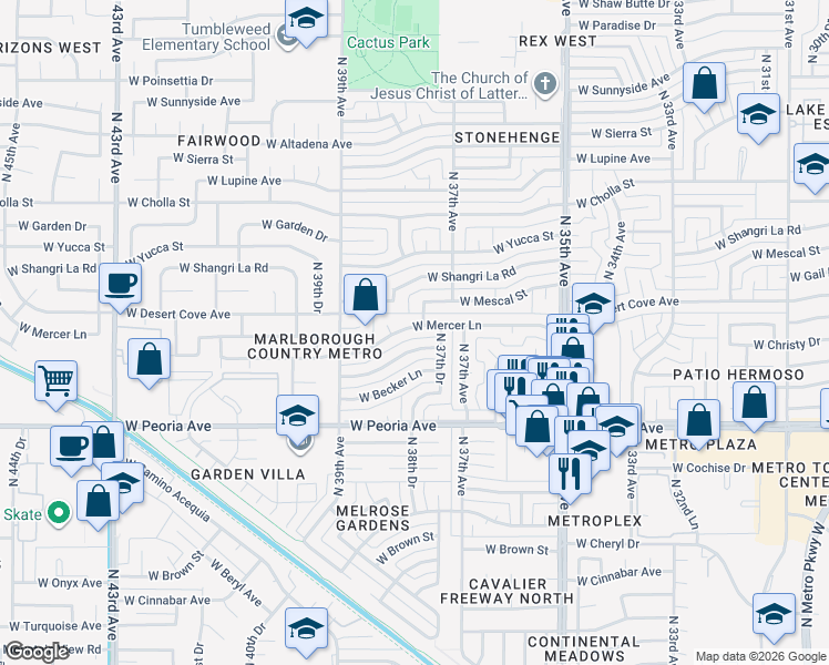 map of restaurants, bars, coffee shops, grocery stores, and more near 3735 West Mercer Lane in Phoenix