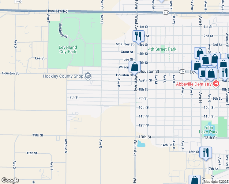 map of restaurants, bars, coffee shops, grocery stores, and more near 1706 8th Street in Levelland