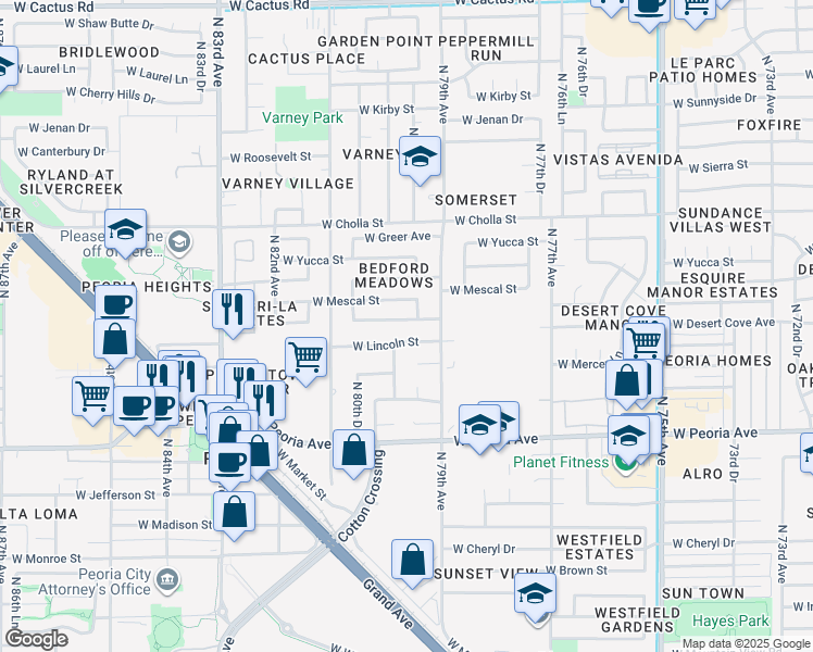 map of restaurants, bars, coffee shops, grocery stores, and more near 7921 West Desert Cove Avenue in Peoria