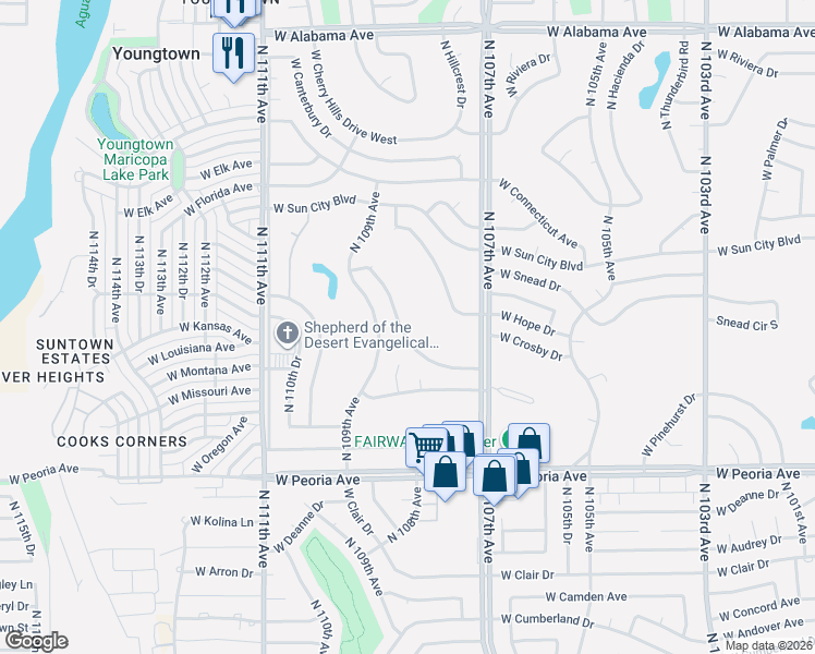 map of restaurants, bars, coffee shops, grocery stores, and more near 10808 W Crosby Dr in Sun City