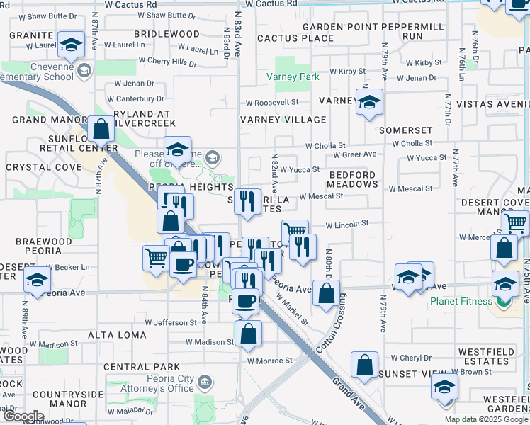 map of restaurants, bars, coffee shops, grocery stores, and more near 11113 N 82nd Dr in Peoria
