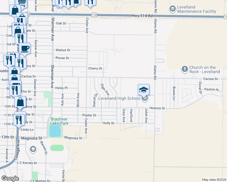 map of restaurants, bars, coffee shops, grocery stores, and more near 120 Flint Avenue in Levelland