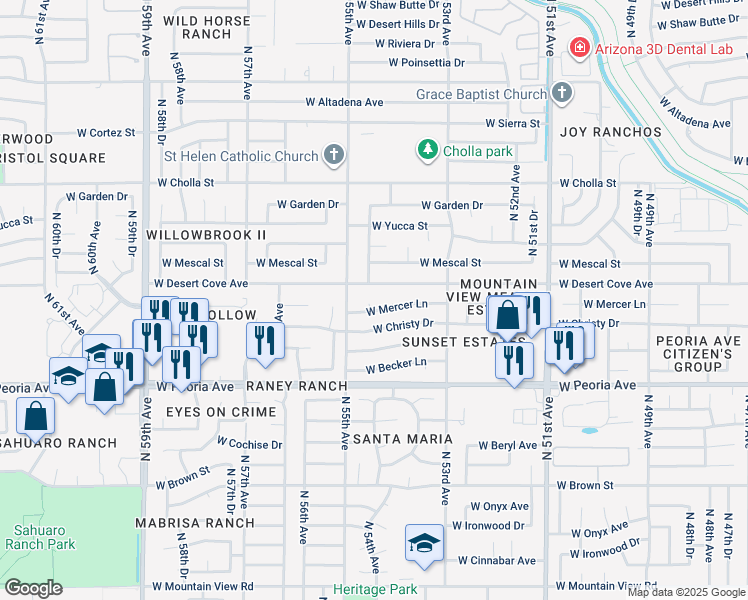 map of restaurants, bars, coffee shops, grocery stores, and more near 10809 North 54th Circle in Glendale