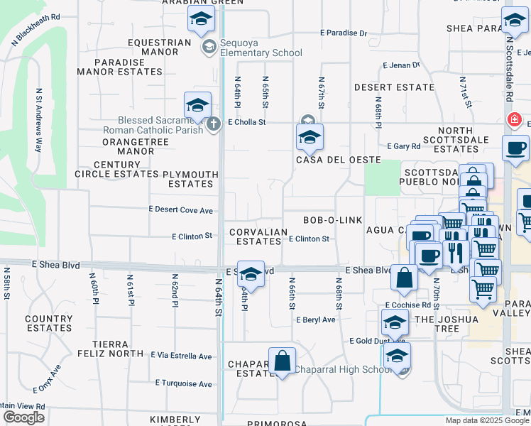 map of restaurants, bars, coffee shops, grocery stores, and more near 6530 East Desert Cove Avenue in Scottsdale