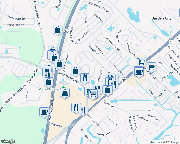 map of restaurants, bars, coffee shops, grocery stores, and more near 11 Islander Court in Murrells Inlet