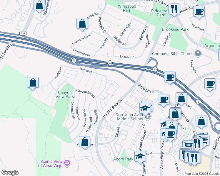 map of restaurants, bars, coffee shops, grocery stores, and more near 205 Woodcrest Lane in Aliso Viejo