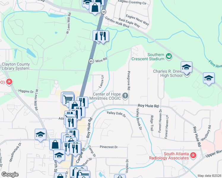 map of restaurants, bars, coffee shops, grocery stores, and more near 6527 River Run Road in Riverdale