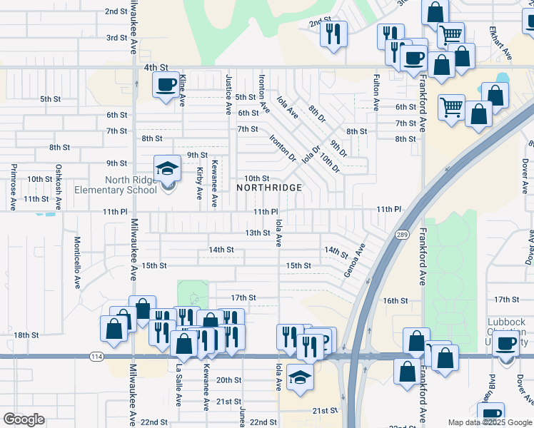 map of restaurants, bars, coffee shops, grocery stores, and more near 1101 Ironton Avenue in Lubbock