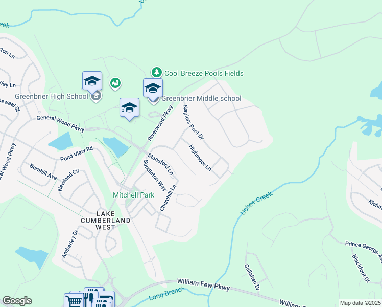 map of restaurants, bars, coffee shops, grocery stores, and more near 1114 Highmoor Lane in Evans