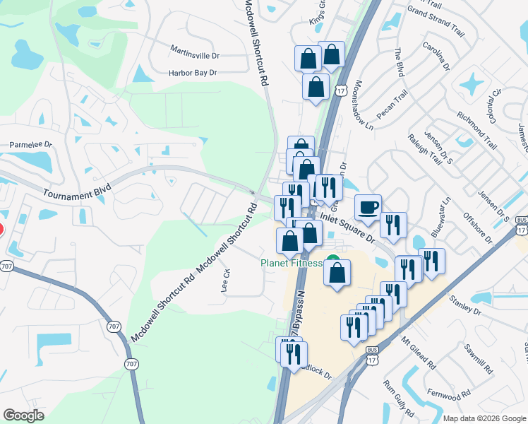 map of restaurants, bars, coffee shops, grocery stores, and more near 11102 Mcdowell Shortcut Road in Murrells Inlet