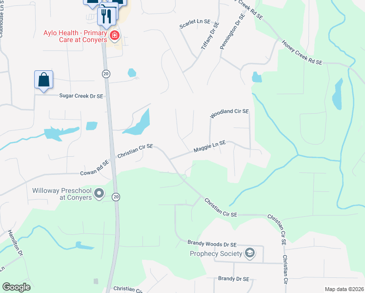map of restaurants, bars, coffee shops, grocery stores, and more near 3915 Maggie Drive Southeast in Conyers