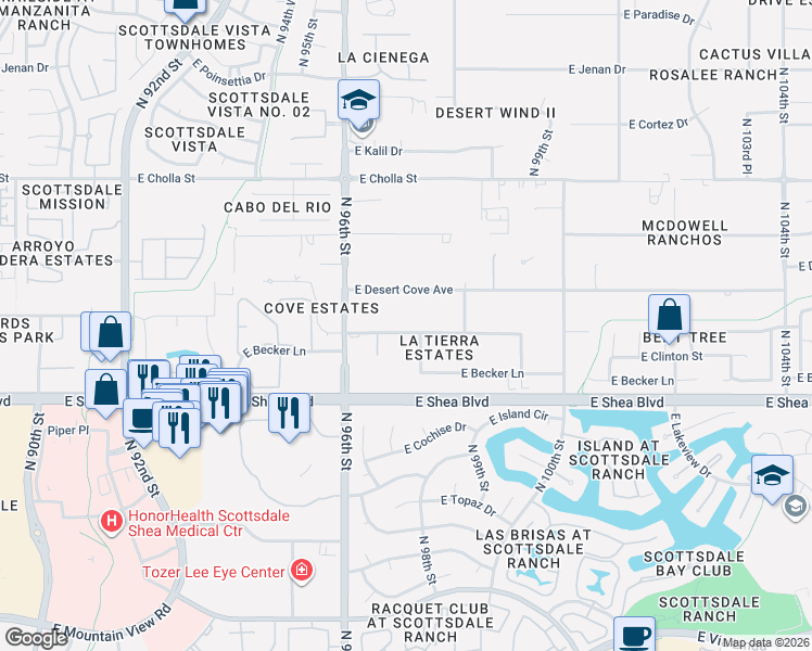 map of restaurants, bars, coffee shops, grocery stores, and more near 9660 East Clinton Street in Scottsdale