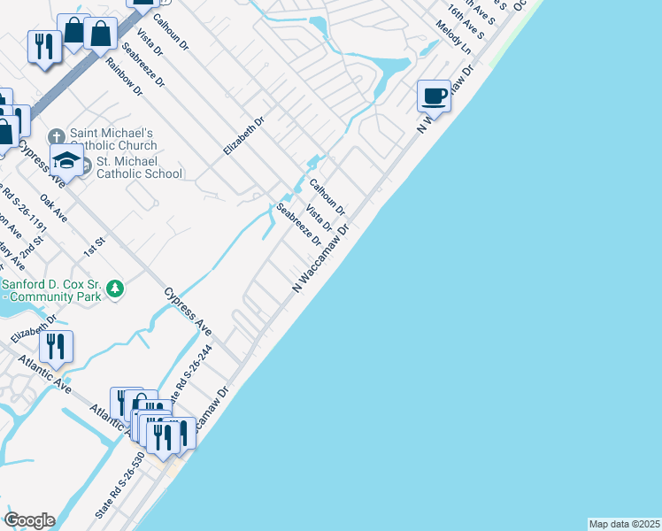 map of restaurants, bars, coffee shops, grocery stores, and more near 1120 North Waccamaw Drive in Murrells Inlet