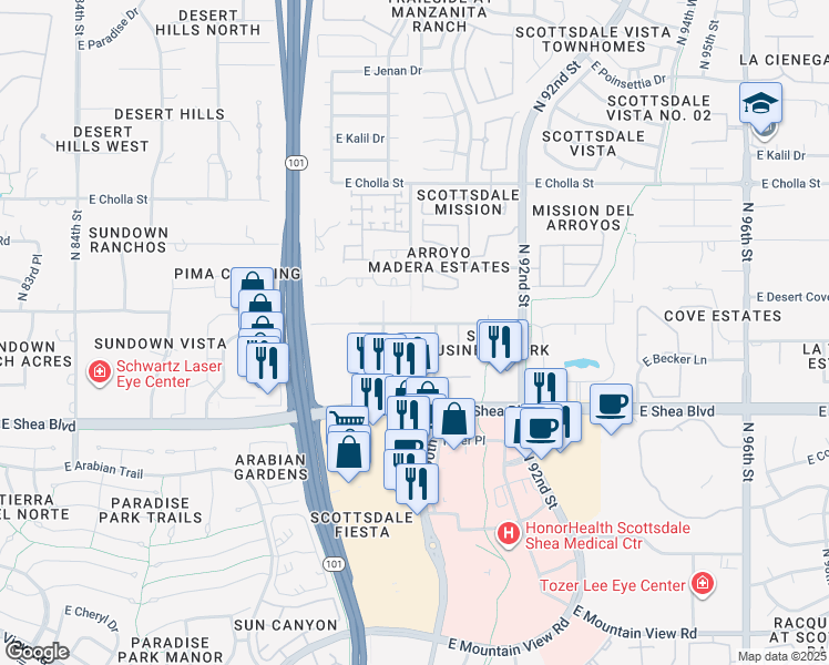 map of restaurants, bars, coffee shops, grocery stores, and more near 10850 N 90th St in Scottsdale