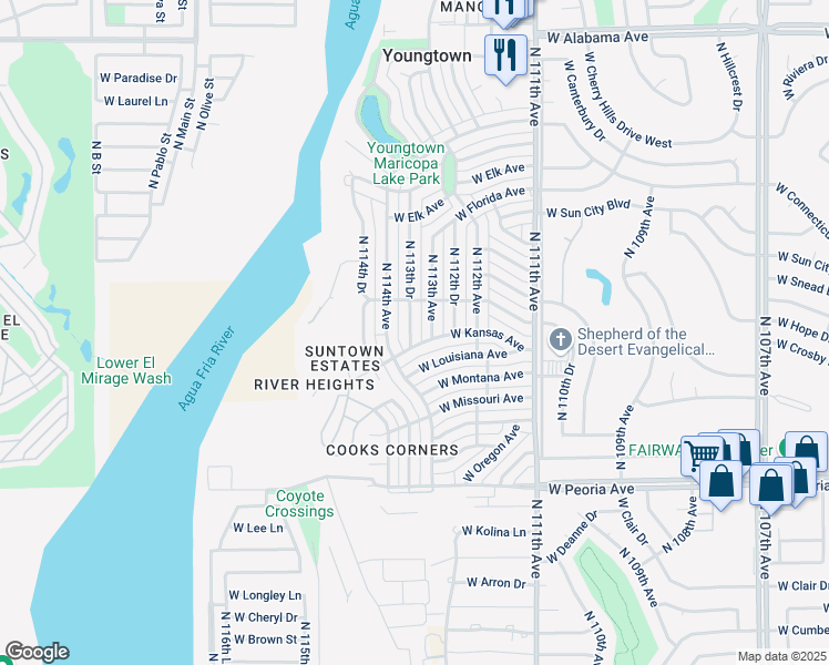 map of restaurants, bars, coffee shops, grocery stores, and more near 11343 North 113th Drive in Youngtown