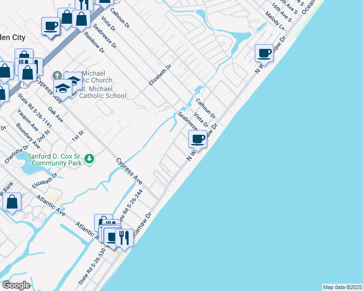 map of restaurants, bars, coffee shops, grocery stores, and more near 132 Sunset Drive in Murrells Inlet