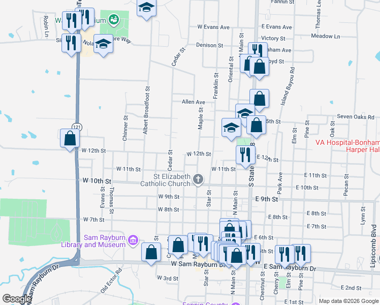 map of restaurants, bars, coffee shops, grocery stores, and more near 424 West 12th Street in Bonham