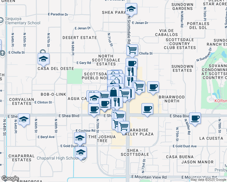 map of restaurants, bars, coffee shops, grocery stores, and more near 10818 North 71st Place in Scottsdale