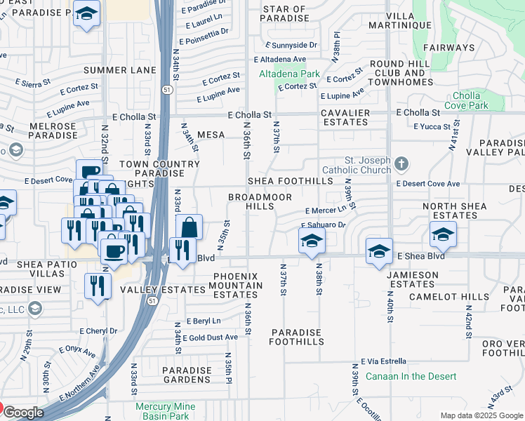map of restaurants, bars, coffee shops, grocery stores, and more near 3616 East Mercer Lane in Phoenix