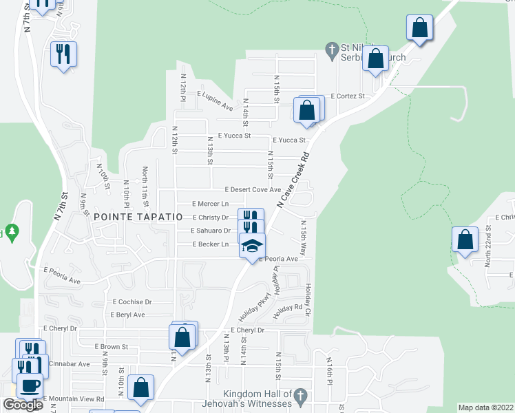 map of restaurants, bars, coffee shops, grocery stores, and more near 10840 North Cave Creek Road in Phoenix