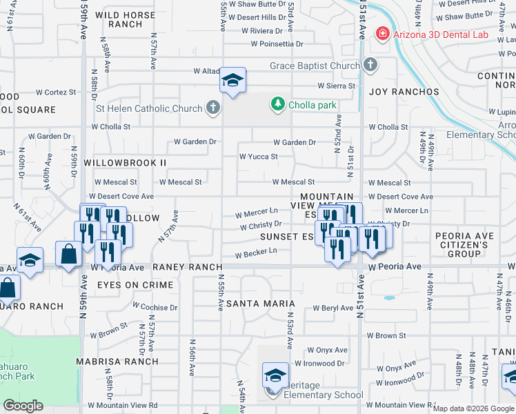 map of restaurants, bars, coffee shops, grocery stores, and more near 5326 West Mercer Lane in Glendale
