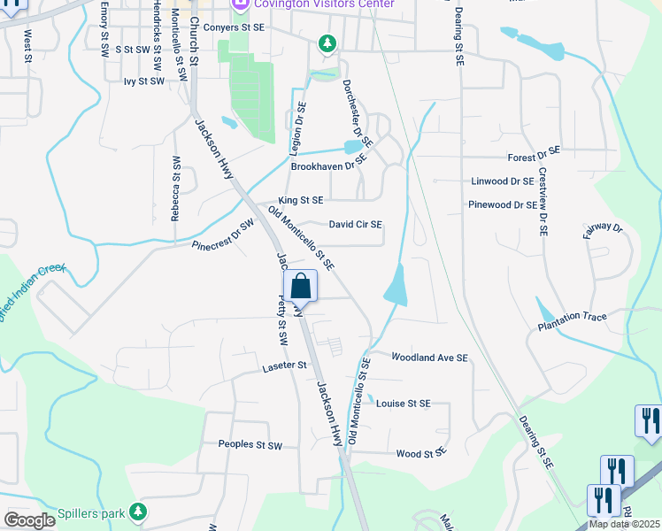 map of restaurants, bars, coffee shops, grocery stores, and more near 5205 Old Monticello Street Southeast in Covington
