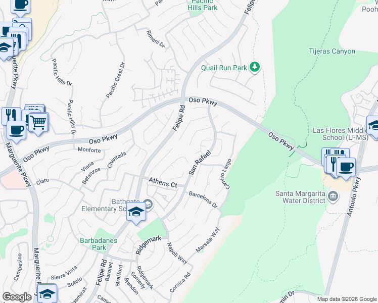 map of restaurants, bars, coffee shops, grocery stores, and more near 27851 Via Roma in Mission Viejo