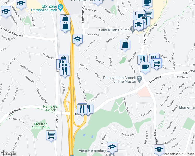 map of restaurants, bars, coffee shops, grocery stores, and more near 26011 Via Viento in Mission Viejo