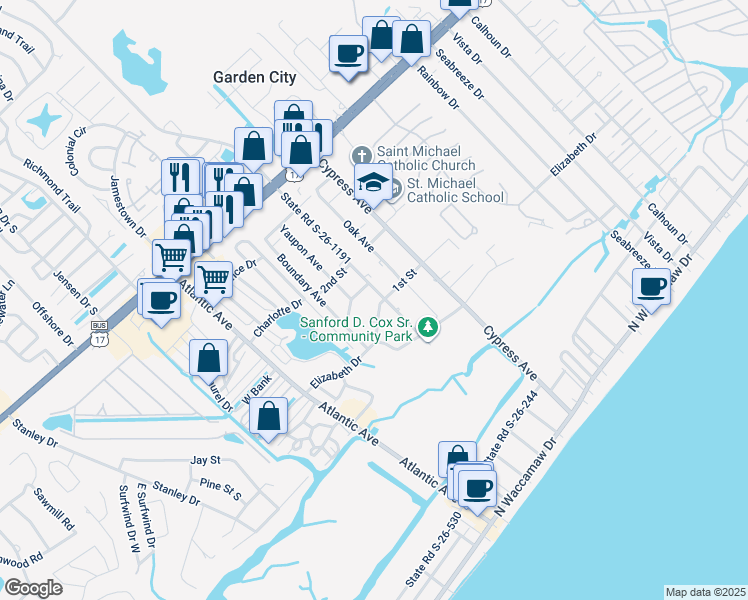 map of restaurants, bars, coffee shops, grocery stores, and more near 433 Pine Avenue in Murrells Inlet