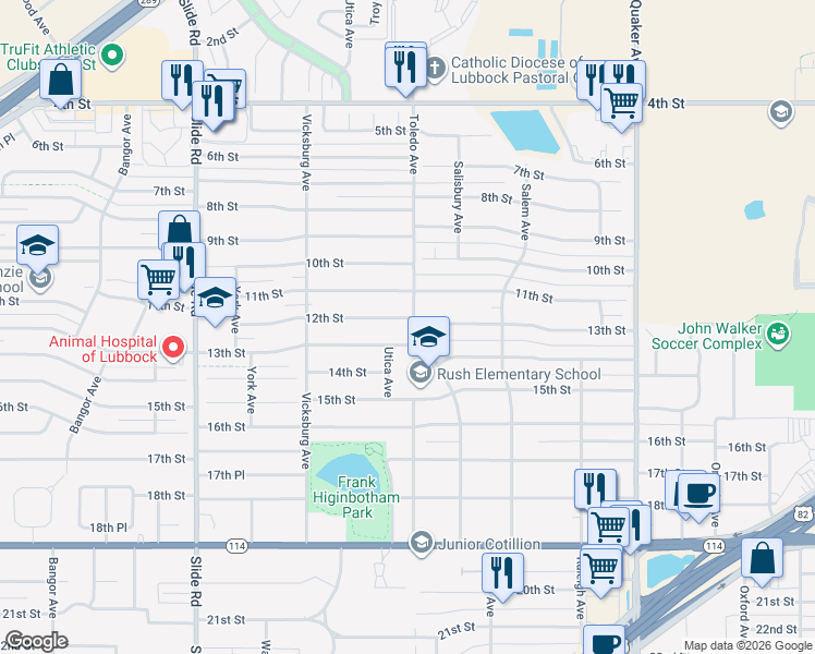 map of restaurants, bars, coffee shops, grocery stores, and more near 4805 12th Street in Lubbock