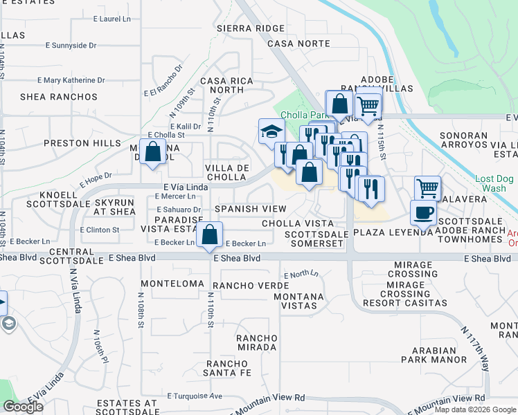 map of restaurants, bars, coffee shops, grocery stores, and more near 11129 East Mercer Lane in Scottsdale